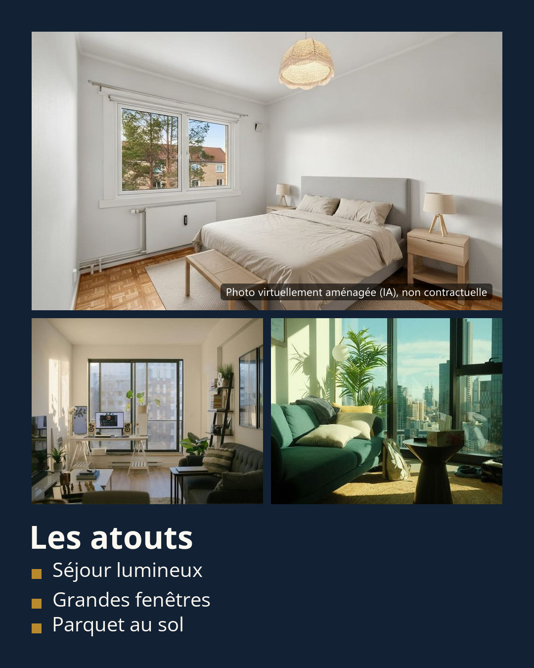 Exemple de visuel de visite : une chambre meublée virtuellement (IA), deux photos réelles et trois atouts du bien